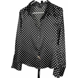Anxiety Top Long Sleeve Button‎ Up Blouse Black Polka Dots Wing Cuffs Large Twee